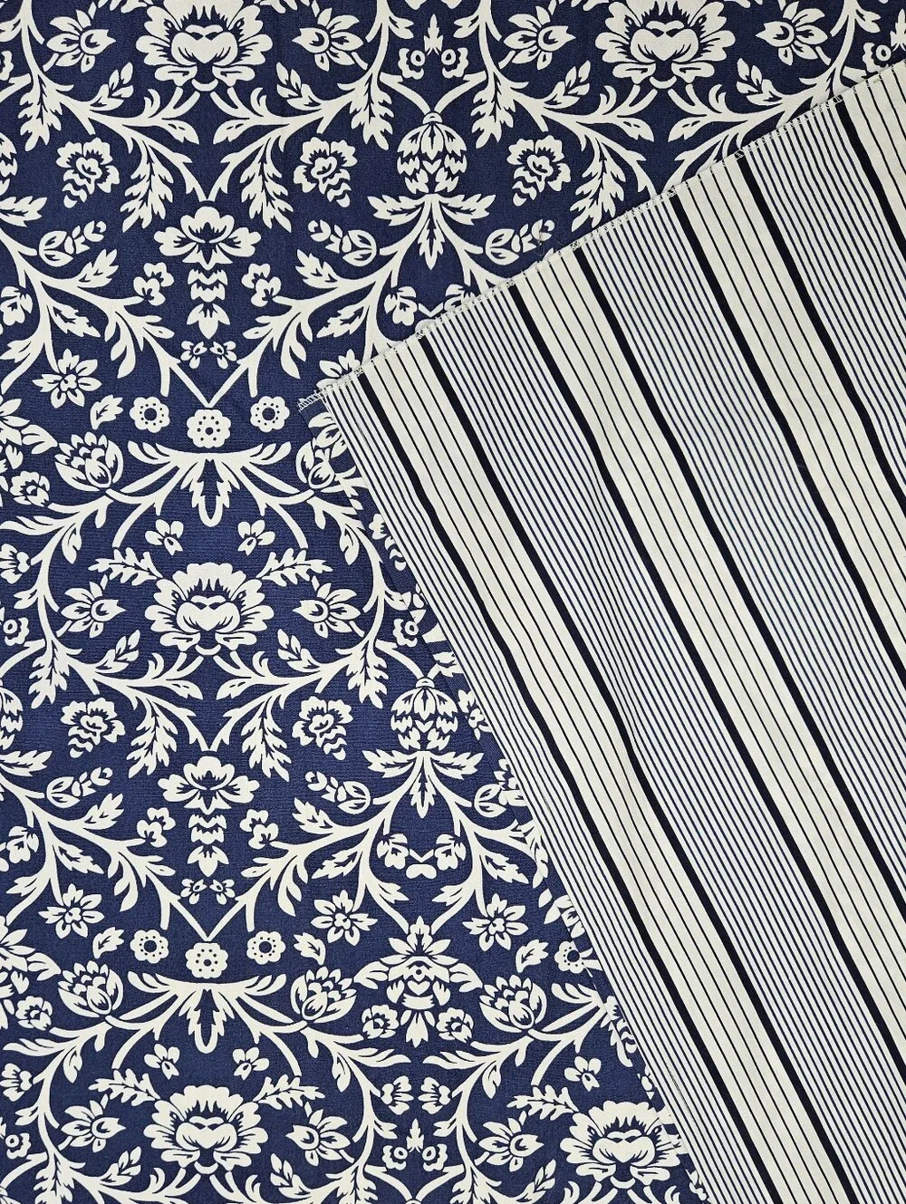 IKEA Alvine Tapet Blue White Floral Stripe Rev Curtain Panel Thick Cotton NWOT
